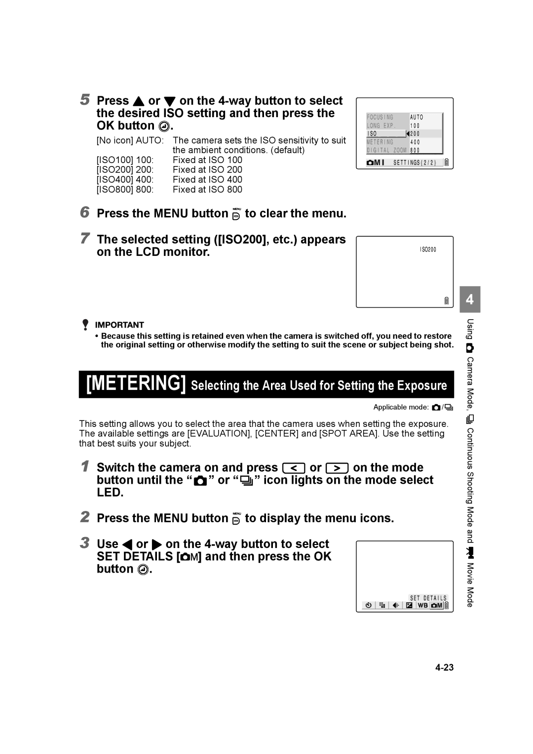 Kyocera SL300RT manual Then press the OK, Metering Selecting the Area Used for Setting the Exposure 