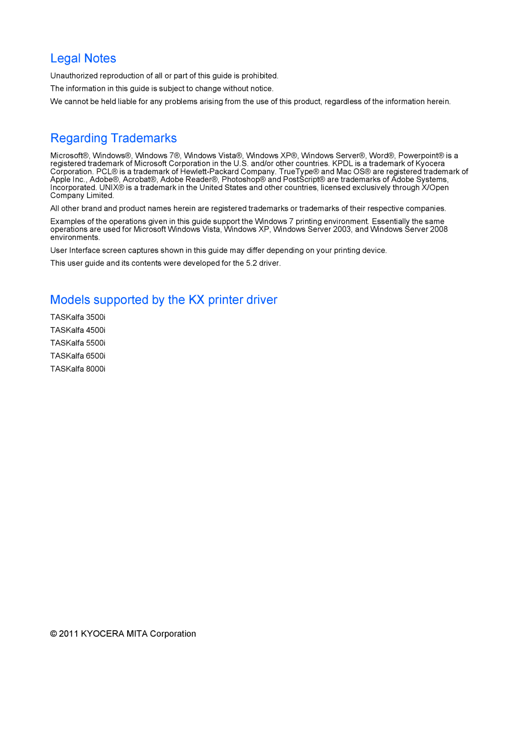 Kyocera TASKalfa 5500i/TASKalfa 4500i manual Models supported by the KX printer driver 