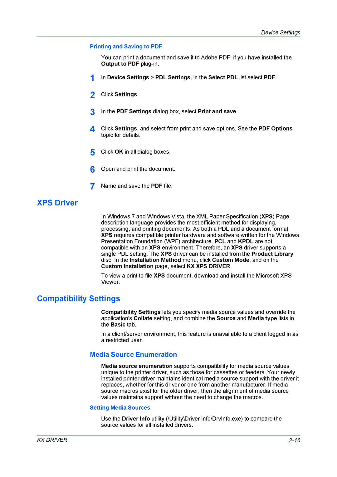 Kyocera TASKalfa 5500i/TASKalfa 4500i manual XPS Driver, Compatibility Settings, Media Source Enumeration, Click Settings 