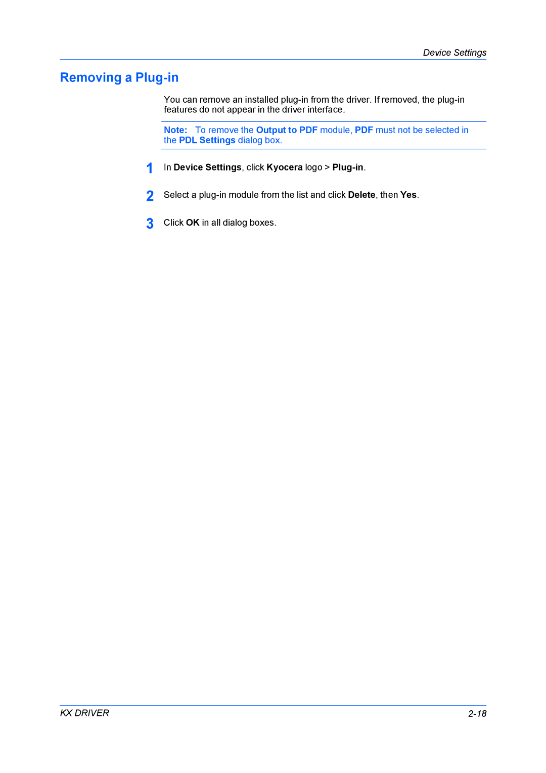 Kyocera TASKalfa 5500i/TASKalfa 4500i manual Removing a Plug-in, Device Settings, click Kyocera logo Plug-in 