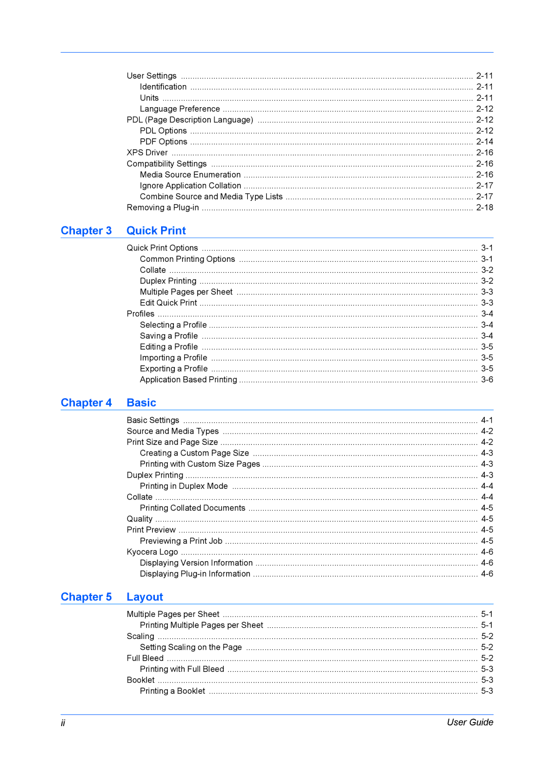 Kyocera TASKalfa 5500i/TASKalfa 4500i manual Chapter Quick Print, Chapter Basic, Chapter Layout 