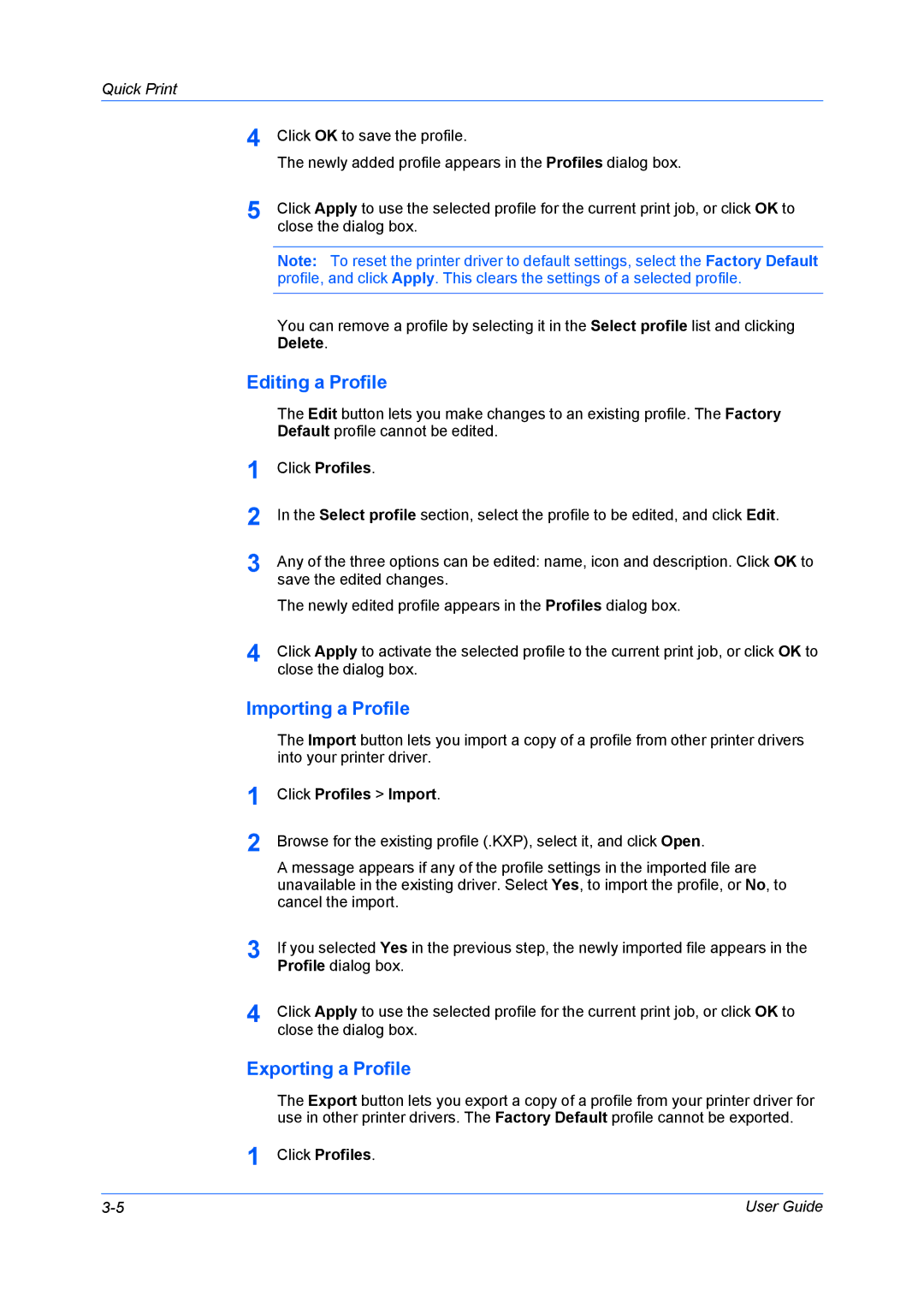 Kyocera TASKalfa 5500i/TASKalfa 4500i manual Editing a Profile, Importing a Profile, Exporting a Profile, Click Profiles 