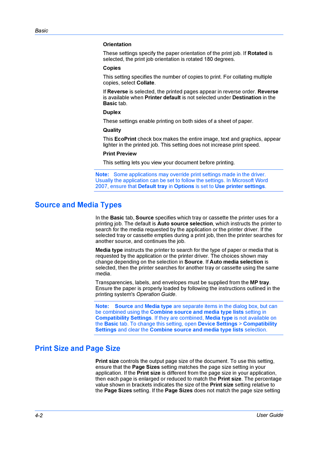 Kyocera TASKalfa 5500i/TASKalfa 4500i Source and Media Types, Print Size and Page Size, Copies, Quality, Print Preview 