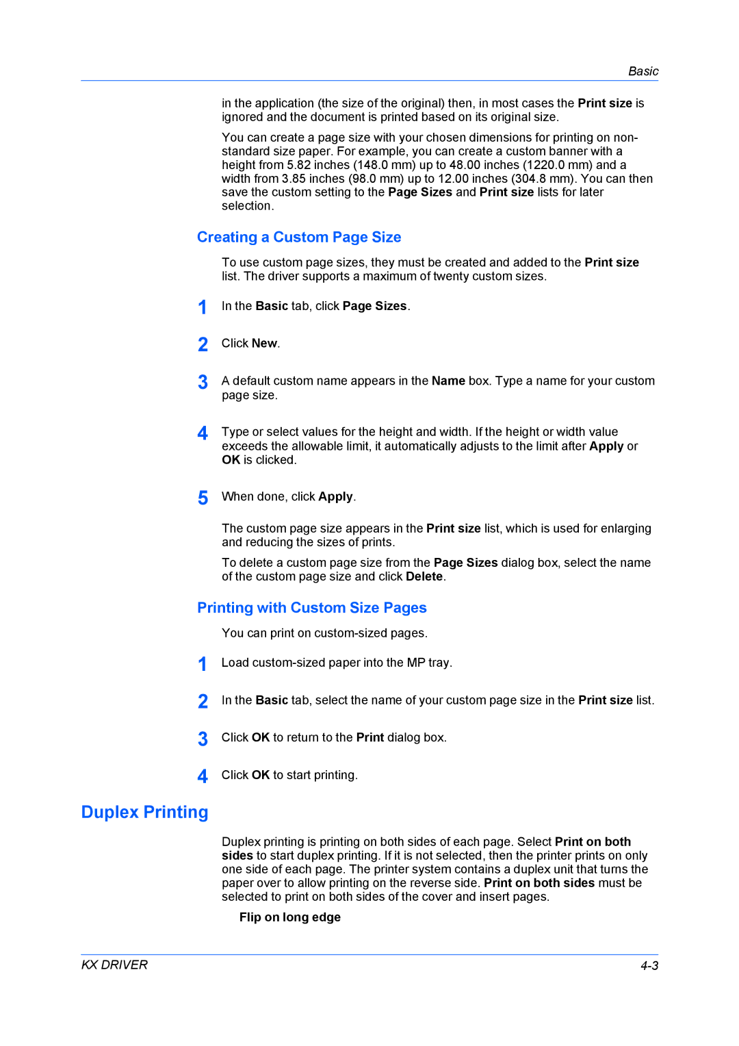 Kyocera TASKalfa 5500i/TASKalfa 4500i manual Duplex Printing, Creating a Custom Page Size, Printing with Custom Size Pages 