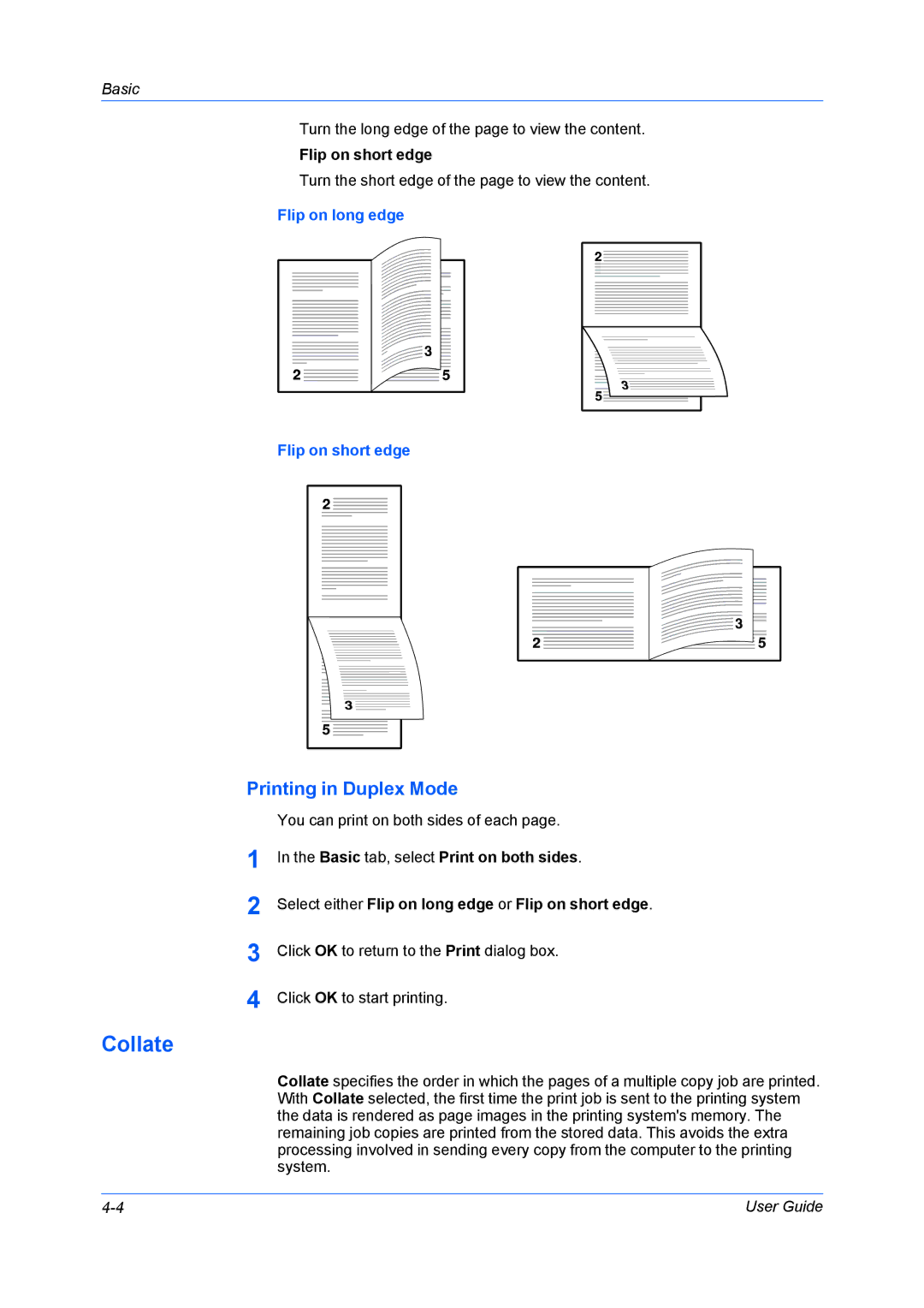 Kyocera TASKalfa 5500i/TASKalfa 4500i manual Collate, Printing in Duplex Mode, Flip on long edge Flip on short edge 