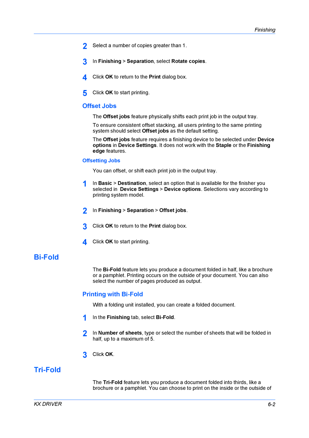 Kyocera TASKalfa 5500i/TASKalfa 4500i manual Tri-Fold, Offset Jobs, Printing with Bi-Fold, Offsetting Jobs 