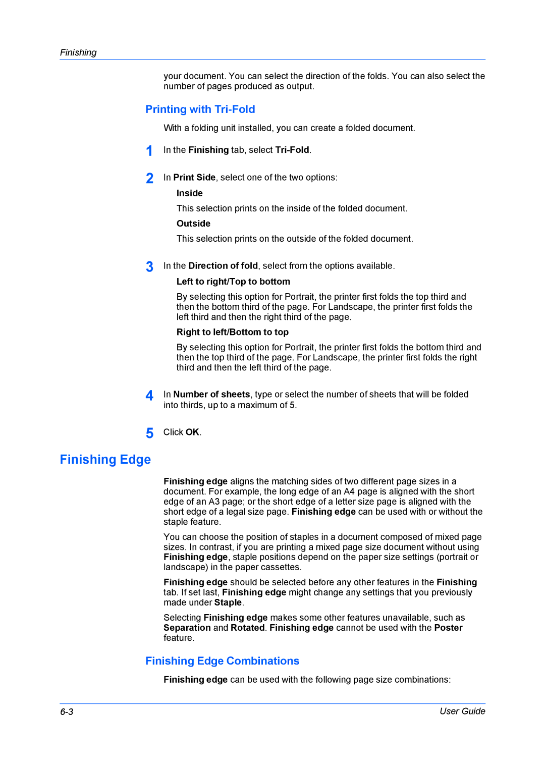 Kyocera TASKalfa 5500i/TASKalfa 4500i manual Printing with Tri-Fold, Finishing Edge Combinations 