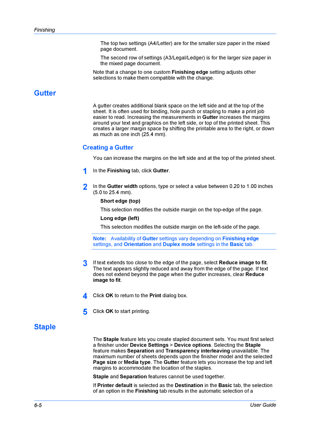 Kyocera TASKalfa 5500i/TASKalfa 4500i manual Staple, Creating a Gutter, Short edge top, Long edge left 