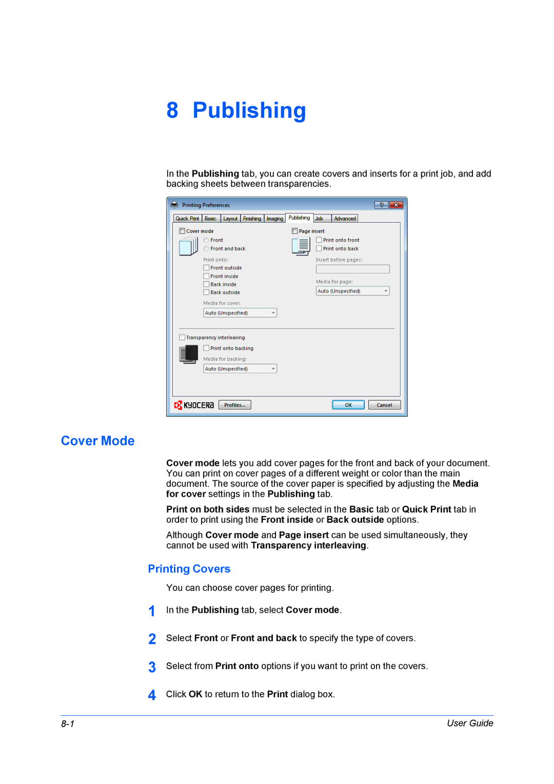 Kyocera TASKalfa 5500i/TASKalfa 4500i manual Cover Mode, Printing Covers, Publishing tab, select Cover mode 