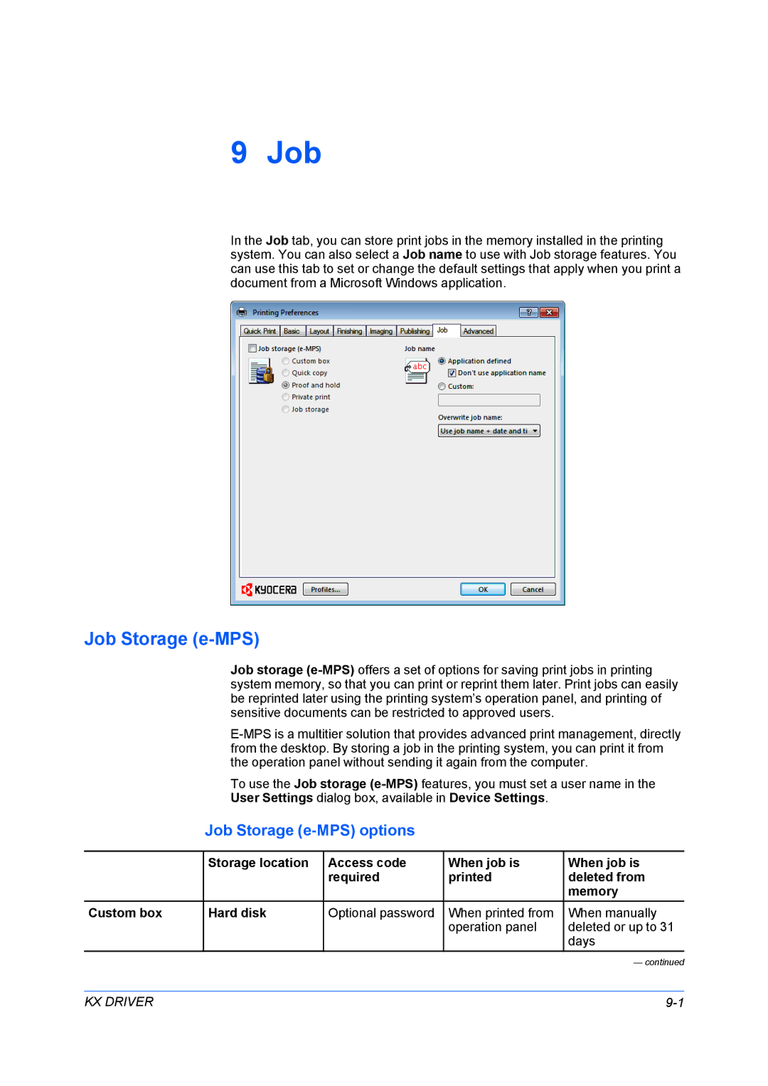 Kyocera TASKalfa 5500i/TASKalfa 4500i manual Job Storage e-MPS options 