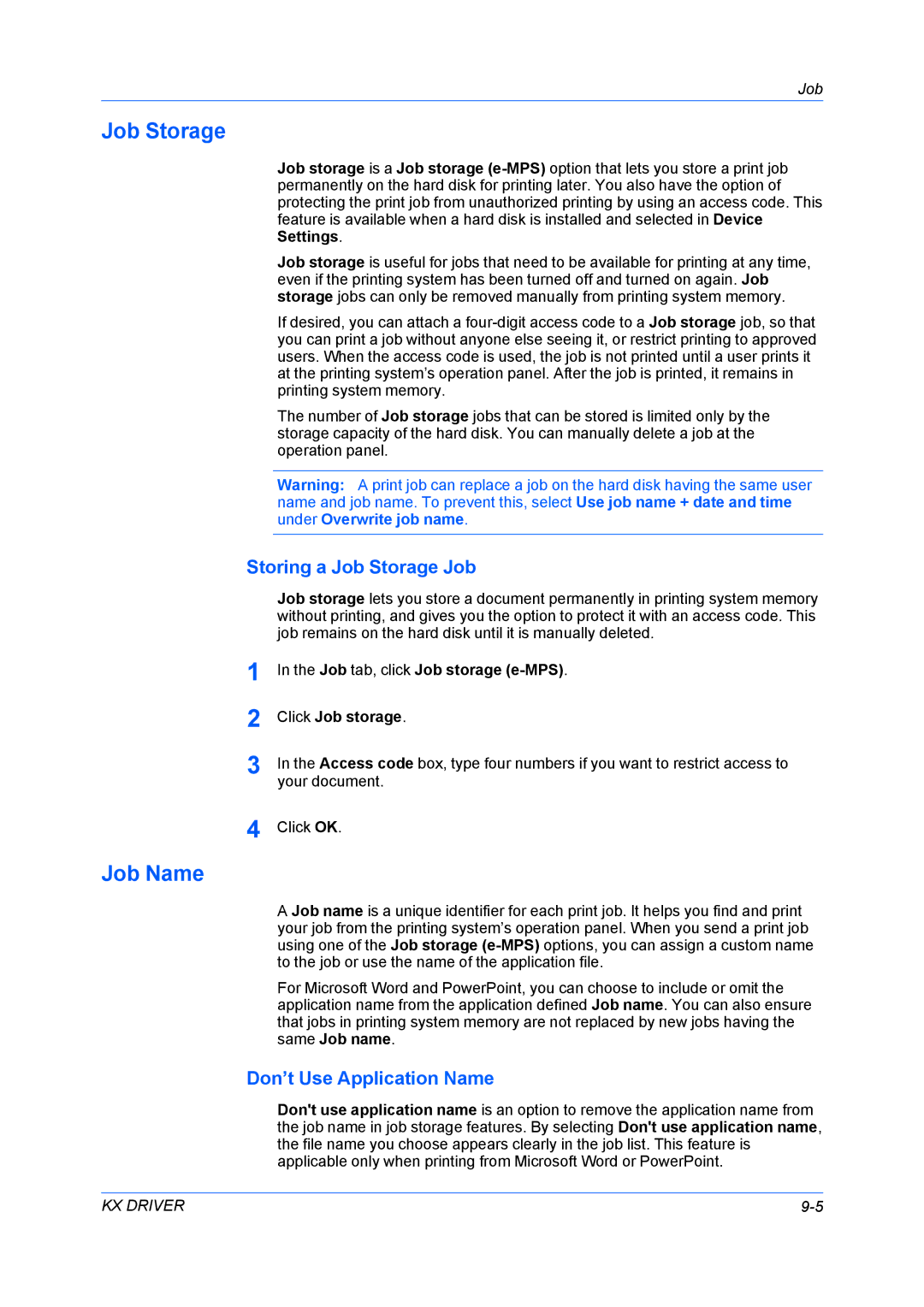 Kyocera TASKalfa 5500i/TASKalfa 4500i manual Job Name, Storing a Job Storage Job, Don’t Use Application Name 