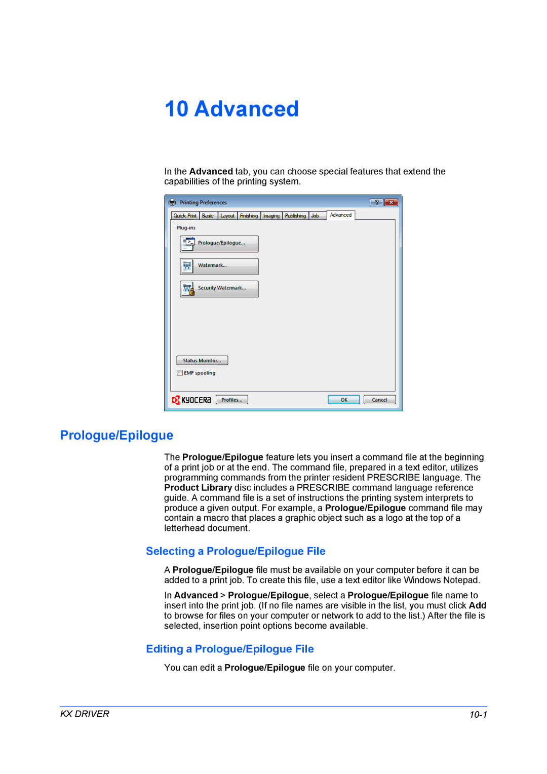 Kyocera TASKalfa 5500i/TASKalfa 4500i Advanced, Selecting a Prologue/Epilogue File, Editing a Prologue/Epilogue File 