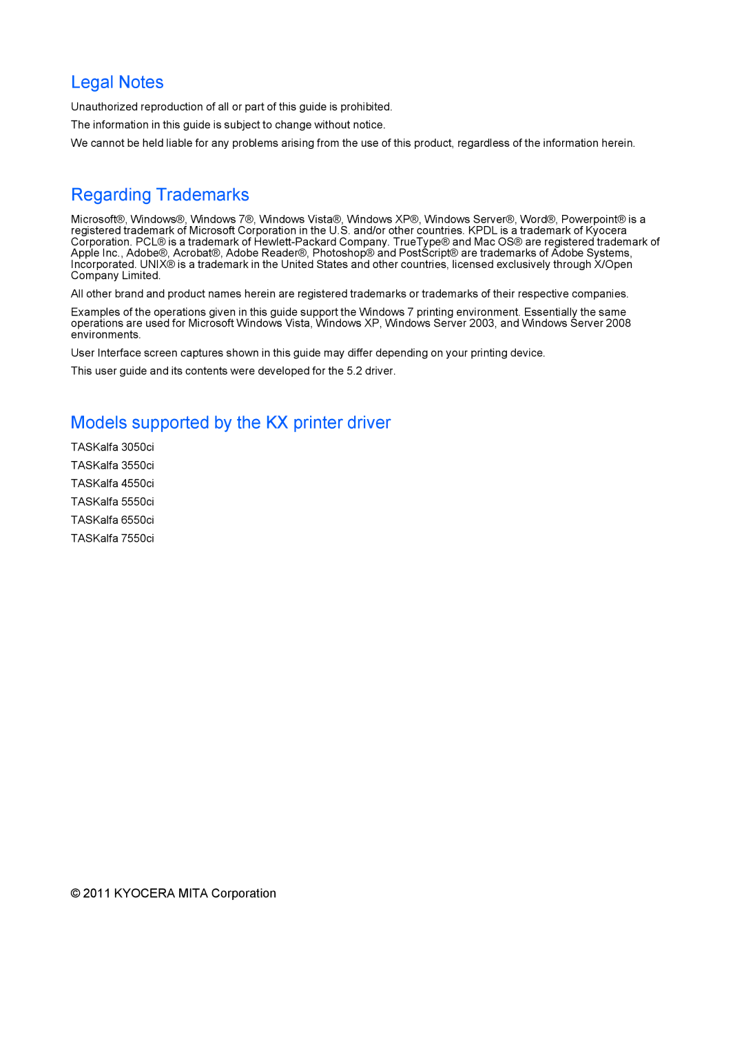 Kyocera TASKalfa5550ci, TASKalfa6550ci, TASKalfa7550ci, TASKalfa3550ci, TASKalfa4550ci, TASKalfa3050ci manual Legal Notes 