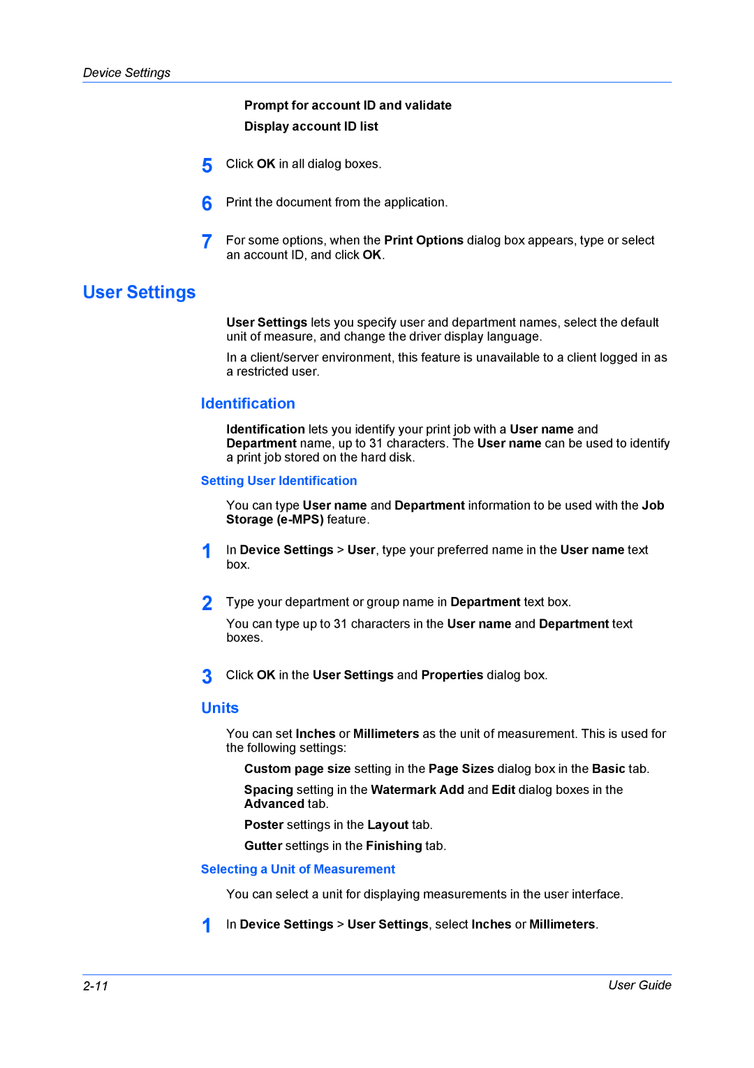 Kyocera TASKalfa4550ci manual User Settings, Units, Setting User Identification, Selecting a Unit of Measurement 