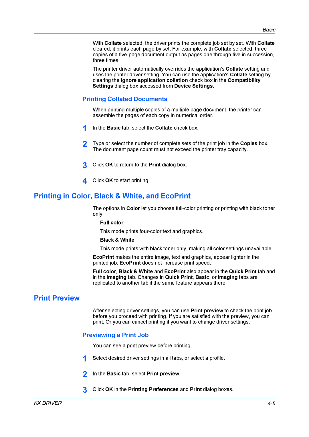 Kyocera TASKalfa3050ci manual Printing in Color, Black & White, and EcoPrint, Print Preview, Printing Collated Documents 