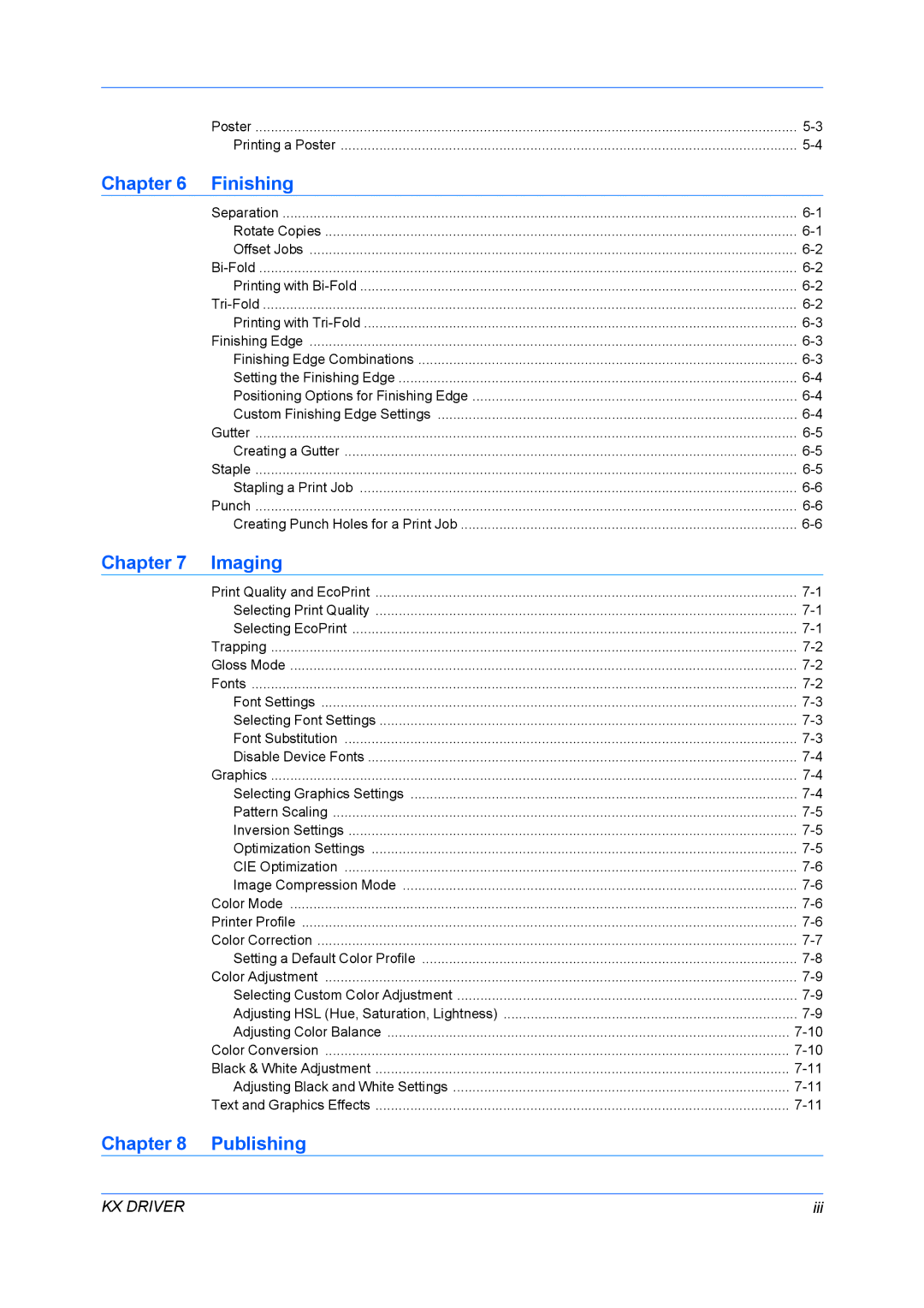 Kyocera TASKalfa3050ci, TASKalfa6550ci, TASKalfa7550ci manual Chapter Finishing, Chapter Imaging, Chapter Publishing 