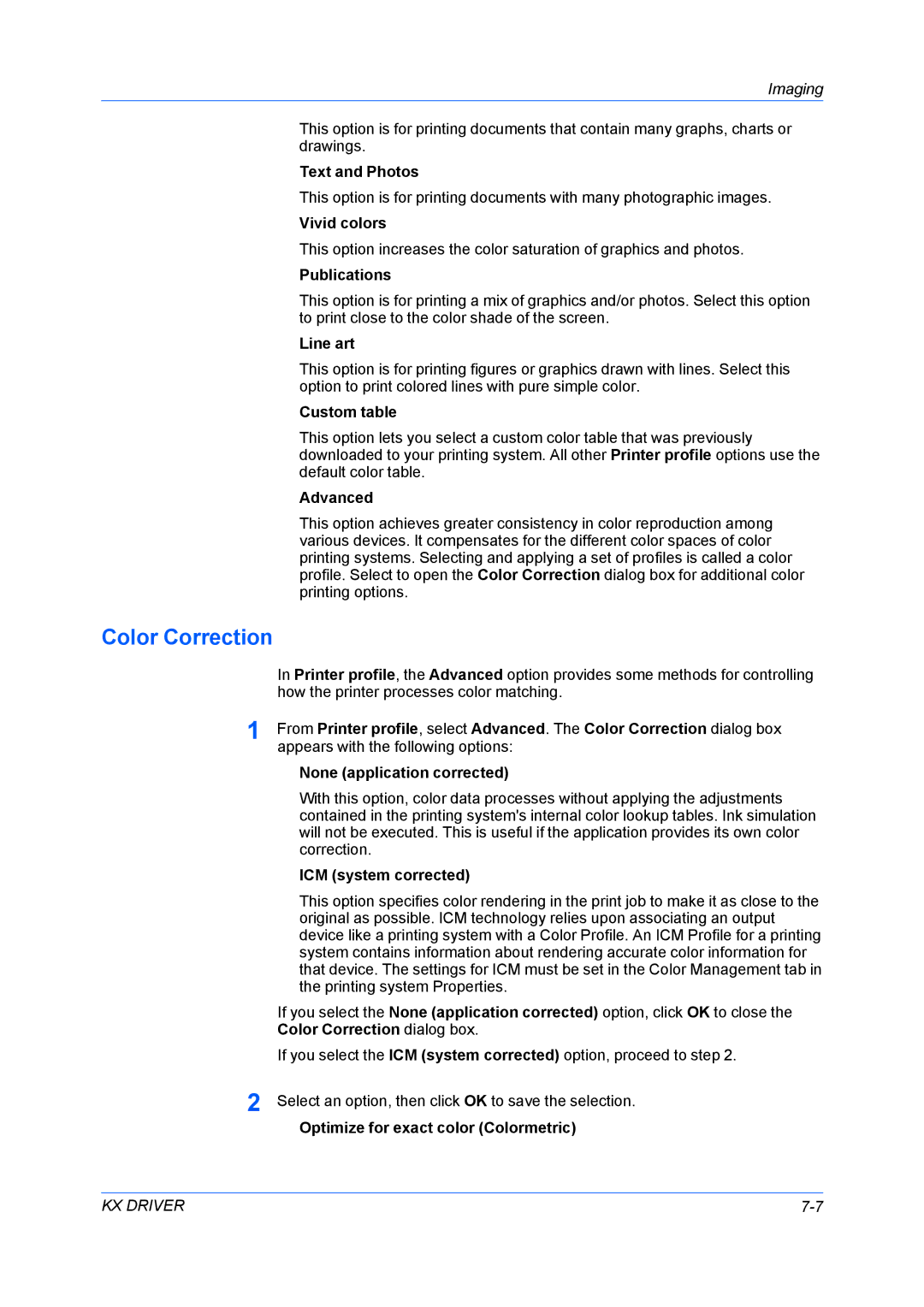 Kyocera TASKalfa7550ci, TASKalfa6550ci, TASKalfa5550ci, TASKalfa3550ci, TASKalfa4550ci, TASKalfa3050ci manual Color Correction 