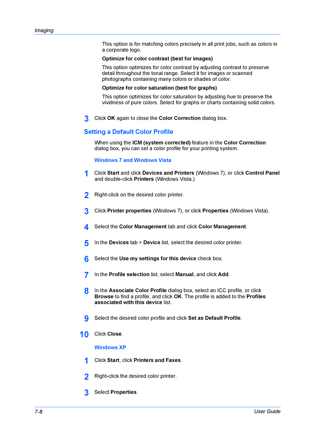 Kyocera TASKalfa5550ci, TASKalfa6550ci manual Setting a Default Color Profile, Windows 7 and Windows Vista, Windows XP 