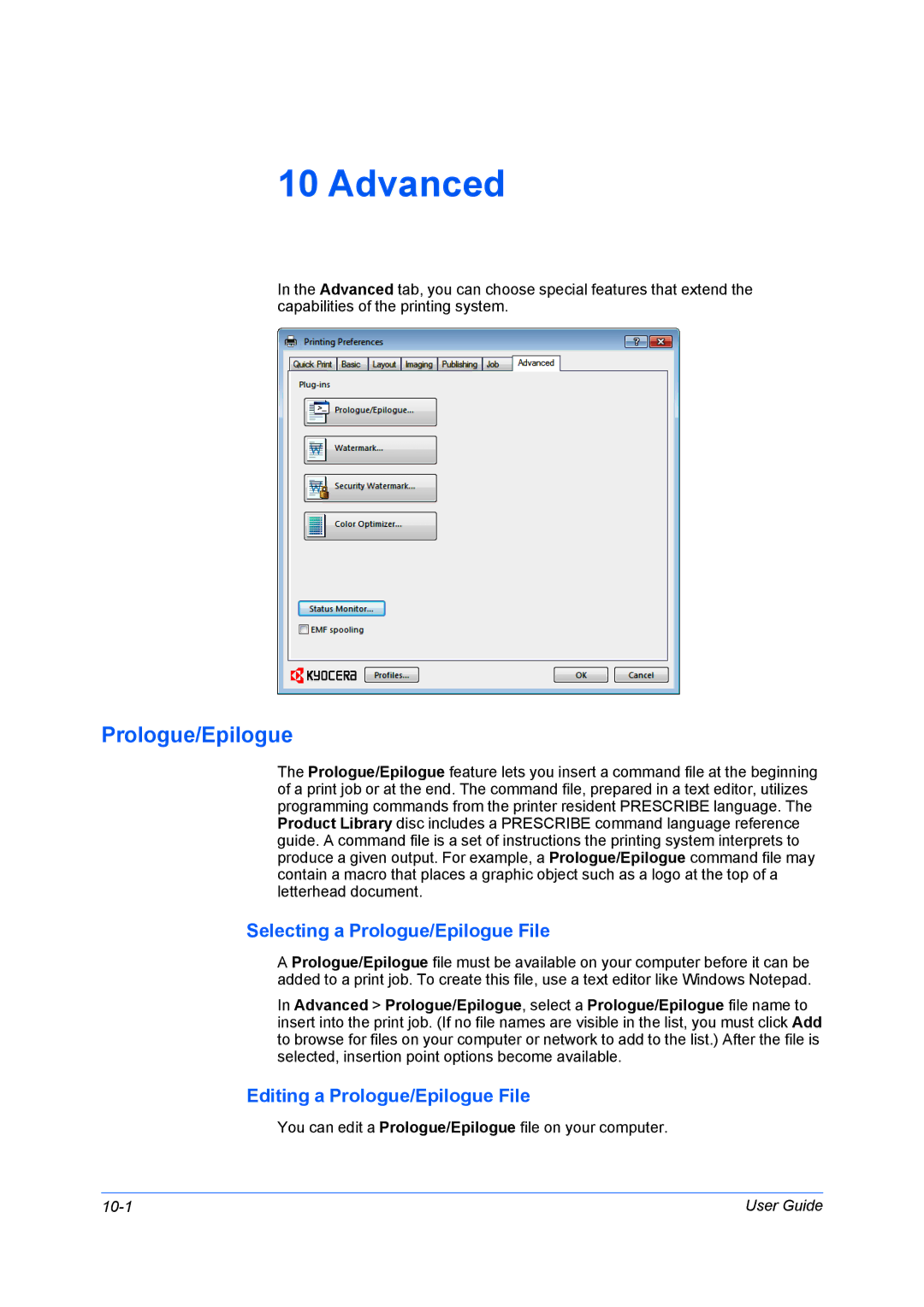 Kyocera TASKalfa5550ci, TASKalfa6550ci Advanced, Selecting a Prologue/Epilogue File, Editing a Prologue/Epilogue File 