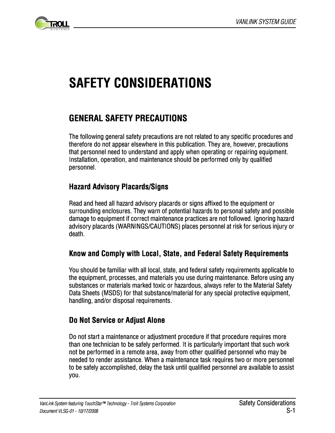 Kyocera VLSG-01 Safety Considerations, General Safety Precautions, Hazard Advisory Placards/Signs, Vanlink System Guide 