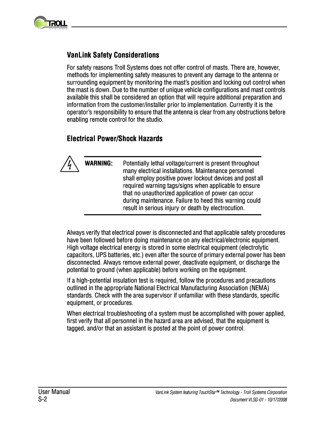 Kyocera VLSG-01 manual VanLink Safety Considerations, Electrical Power/Shock Hazards 