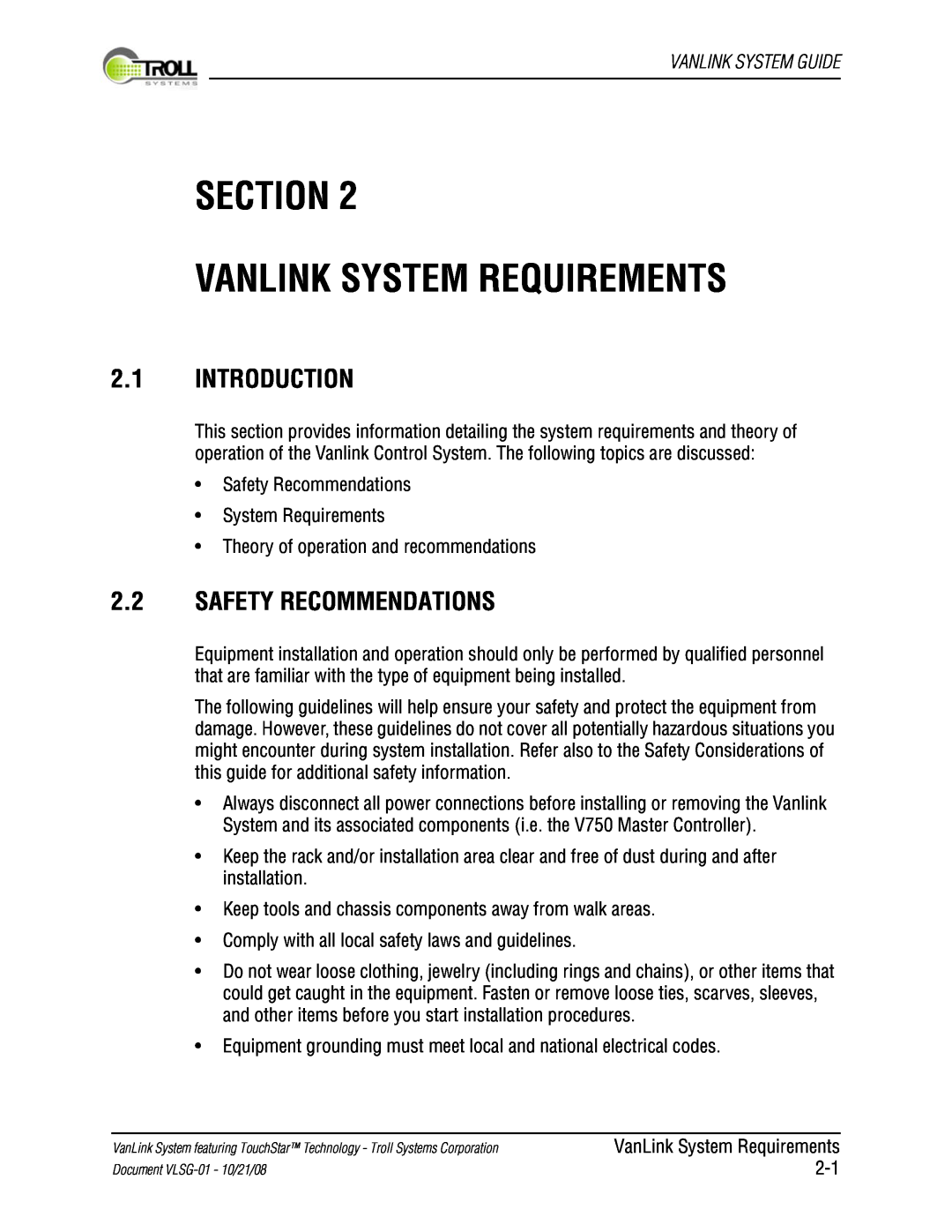 Kyocera VLSG-01 Section Vanlink System Requirements, 2.1INTRODUCTION, 2.2SAFETY RECOMMENDATIONS, Vanlink System Guide 