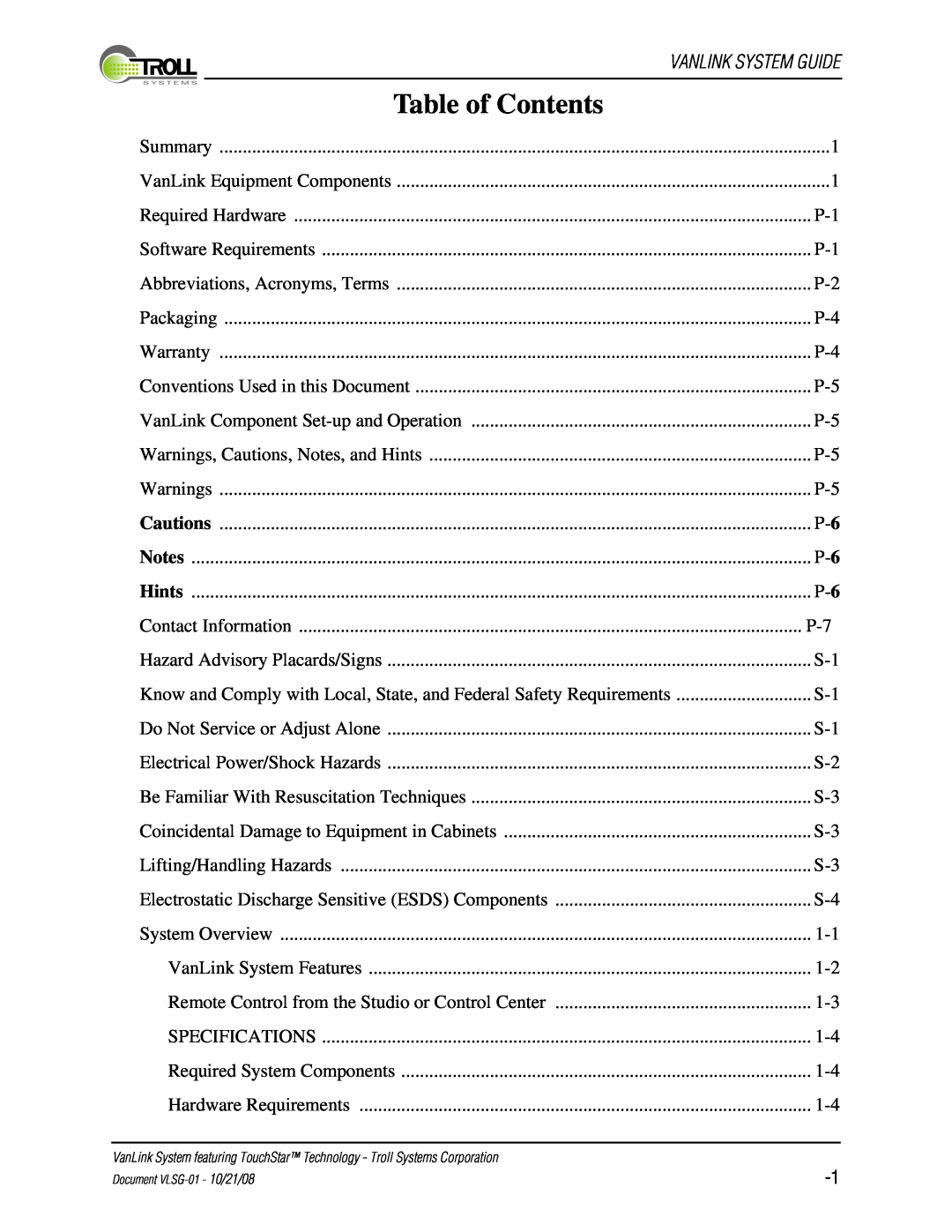 Kyocera VLSG-01 manual Table of Contents 