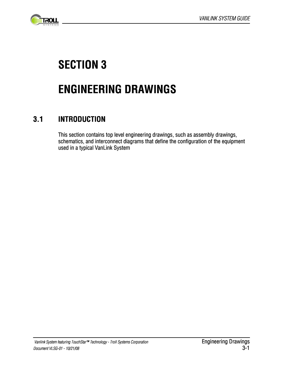 Kyocera manual Section Engineering Drawings, 3.1INTRODUCTION, Vanlink System Guide, Document VLSG-01- 10/21/08 