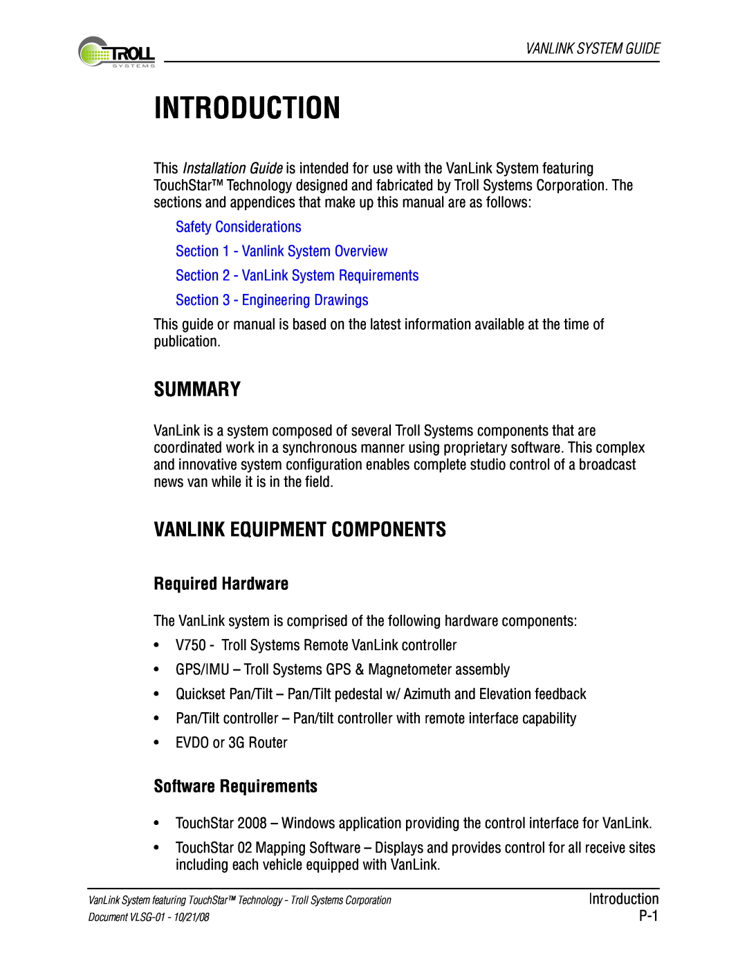Kyocera VLSG-01 manual Introduction, Summary, Vanlink Equipment Components, Required Hardware, Software Requirements 