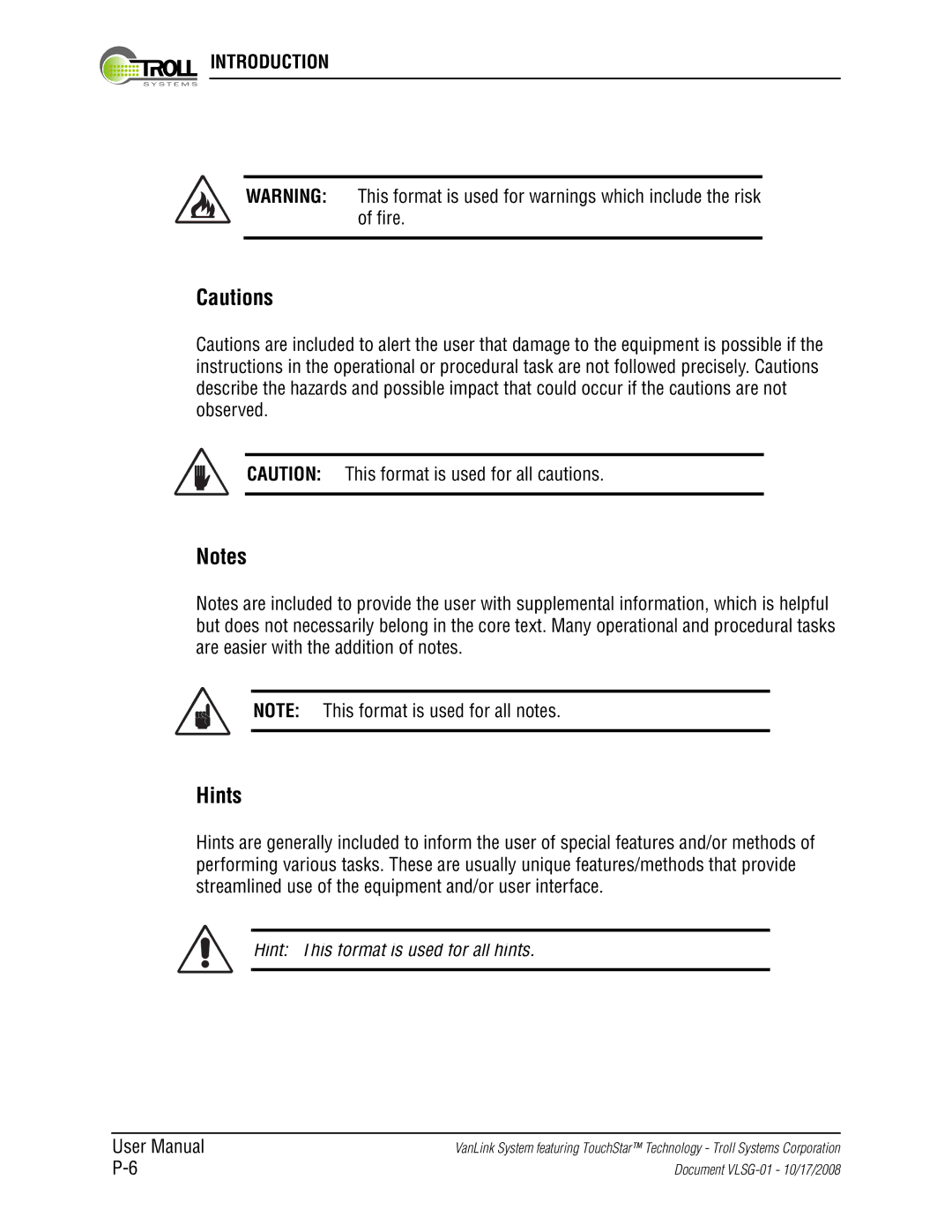 Kyocera VLSG-01 manual Hints, Hint This format is used for all hints 