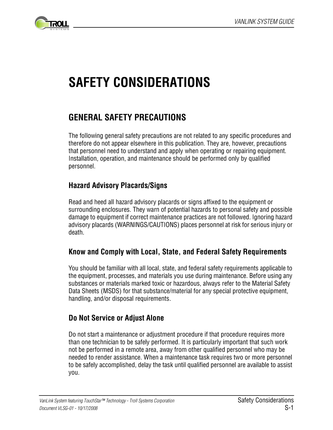 Kyocera VLSG-01 manual General Safety Precautions, Hazard Advisory Placards/Signs, Do Not Service or Adjust Alone 