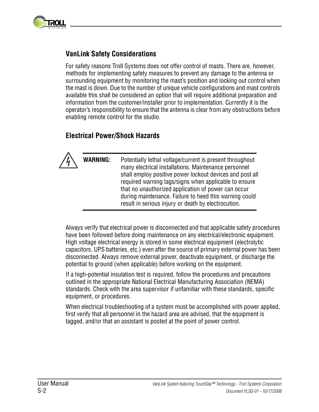 Kyocera VLSG-01 manual VanLink Safety Considerations, Electrical Power/Shock Hazards 