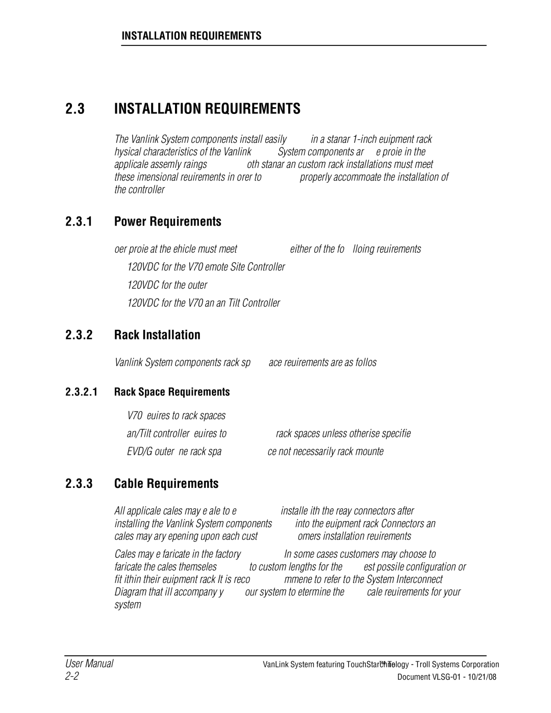 Kyocera VLSG-01 manual Installation Requirements, Power Requirements, Rack Installation, Cable Requirements 