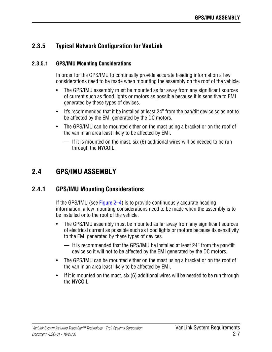 Kyocera VLSG-01 manual GPS/IMU Assembly, Typical Network Configuration for VanLink, 1 GPS/IMU Mounting Considerations 