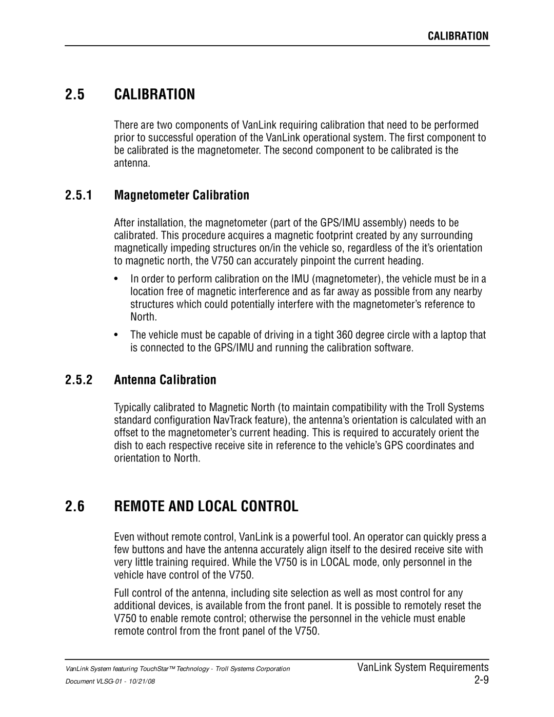 Kyocera VLSG-01 manual Remote and Local Control, Magnetometer Calibration, Antenna Calibration 