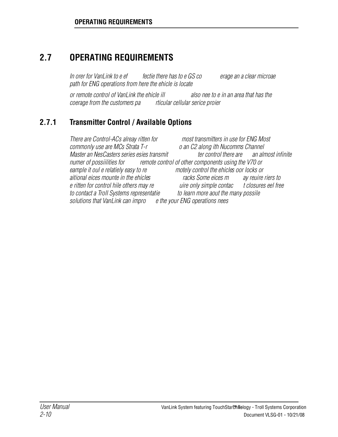 Kyocera VLSG-01 manual Operating Requirements, Transmitter Control / Available Options 