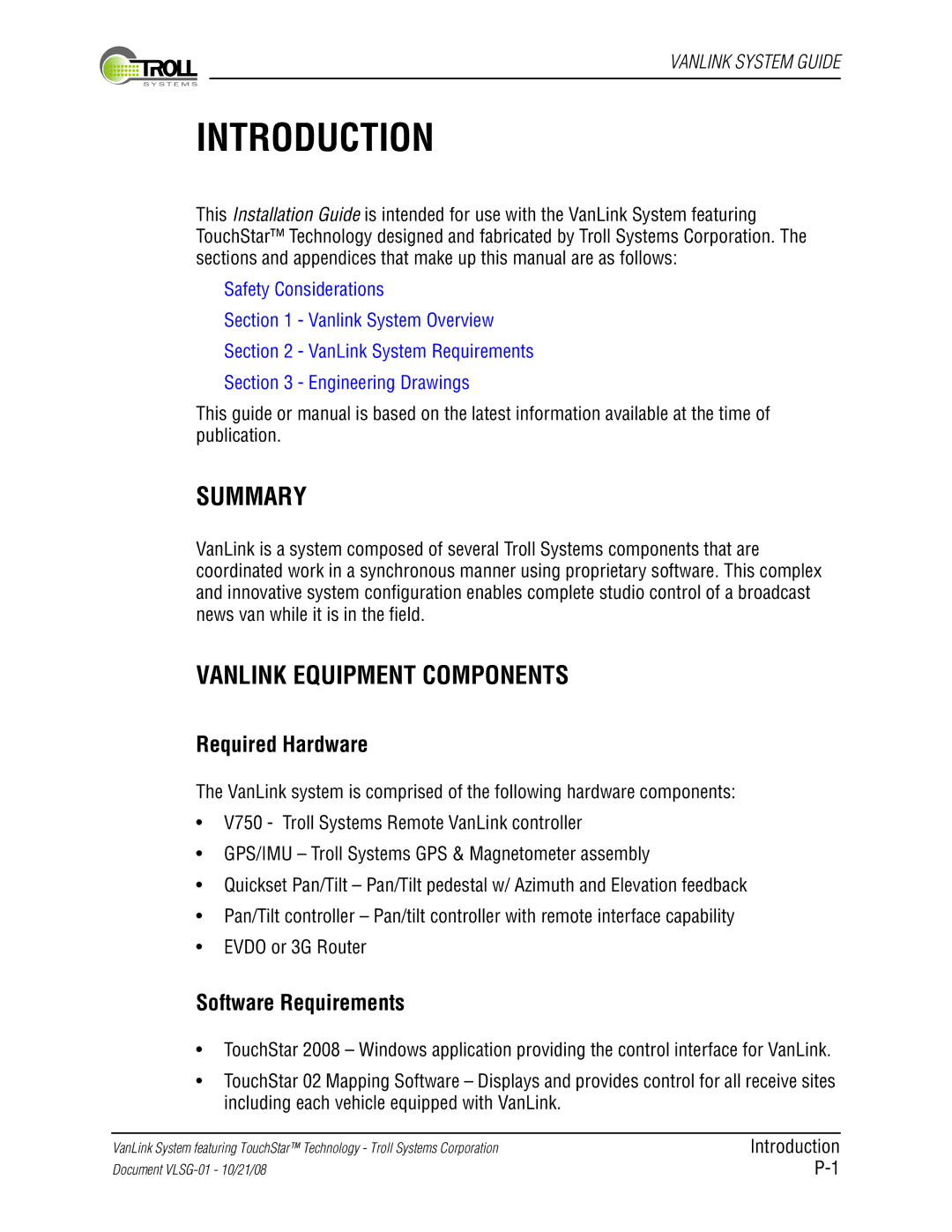 Kyocera VLSG-01 manual Summary, Vanlink Equipment Components, Required Hardware, Software Requirements 