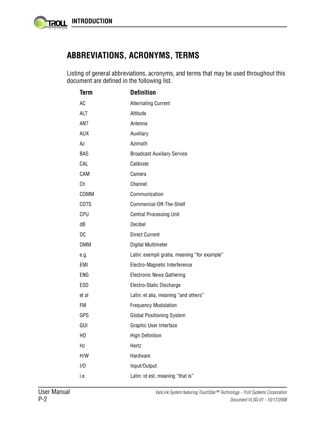 Kyocera VLSG-01 manual ABBREVIATIONS, ACRONYMS, Terms, Term Definition 