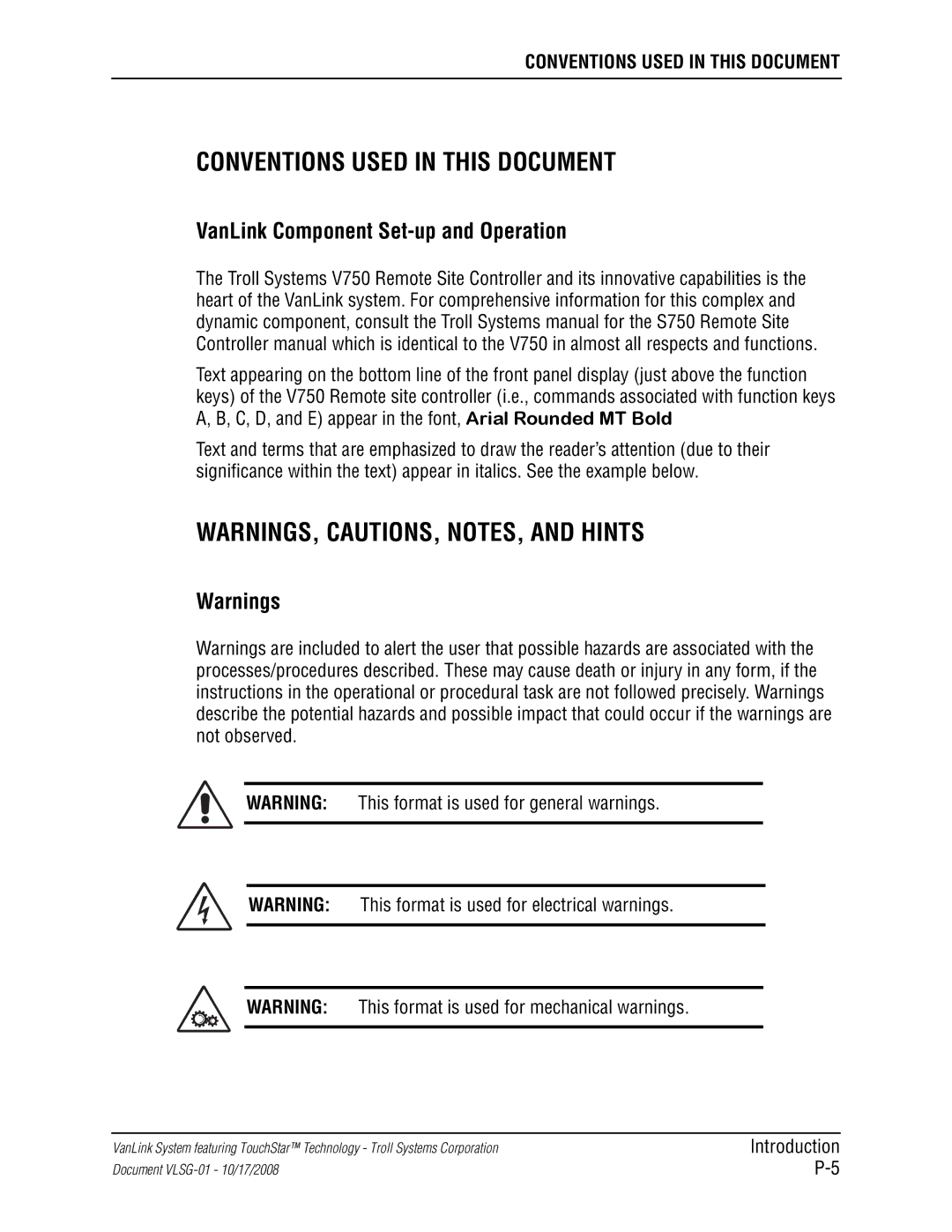 Kyocera VLSG-01 manual Conventions Used in this Document, VanLink Component Set-up and Operation 