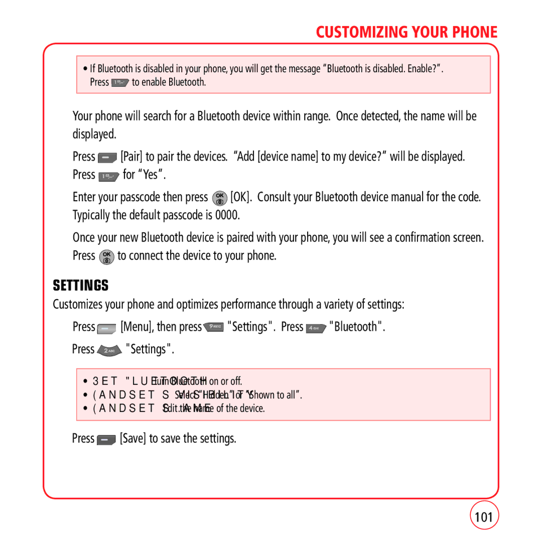 Kyocera VM1450 manual Settings, Press Save to save the settings 101 