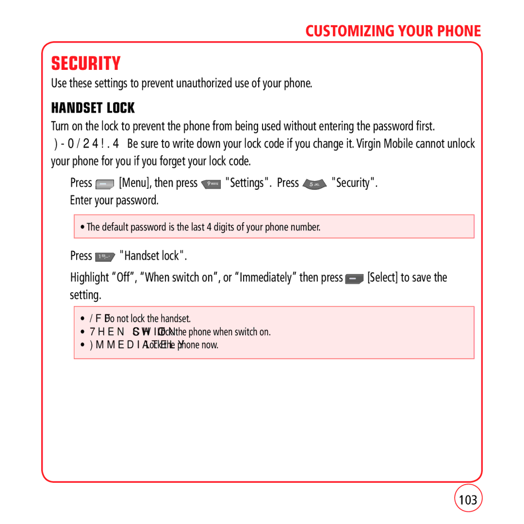 Kyocera VM1450 manual Security, Handset Lock, 103 