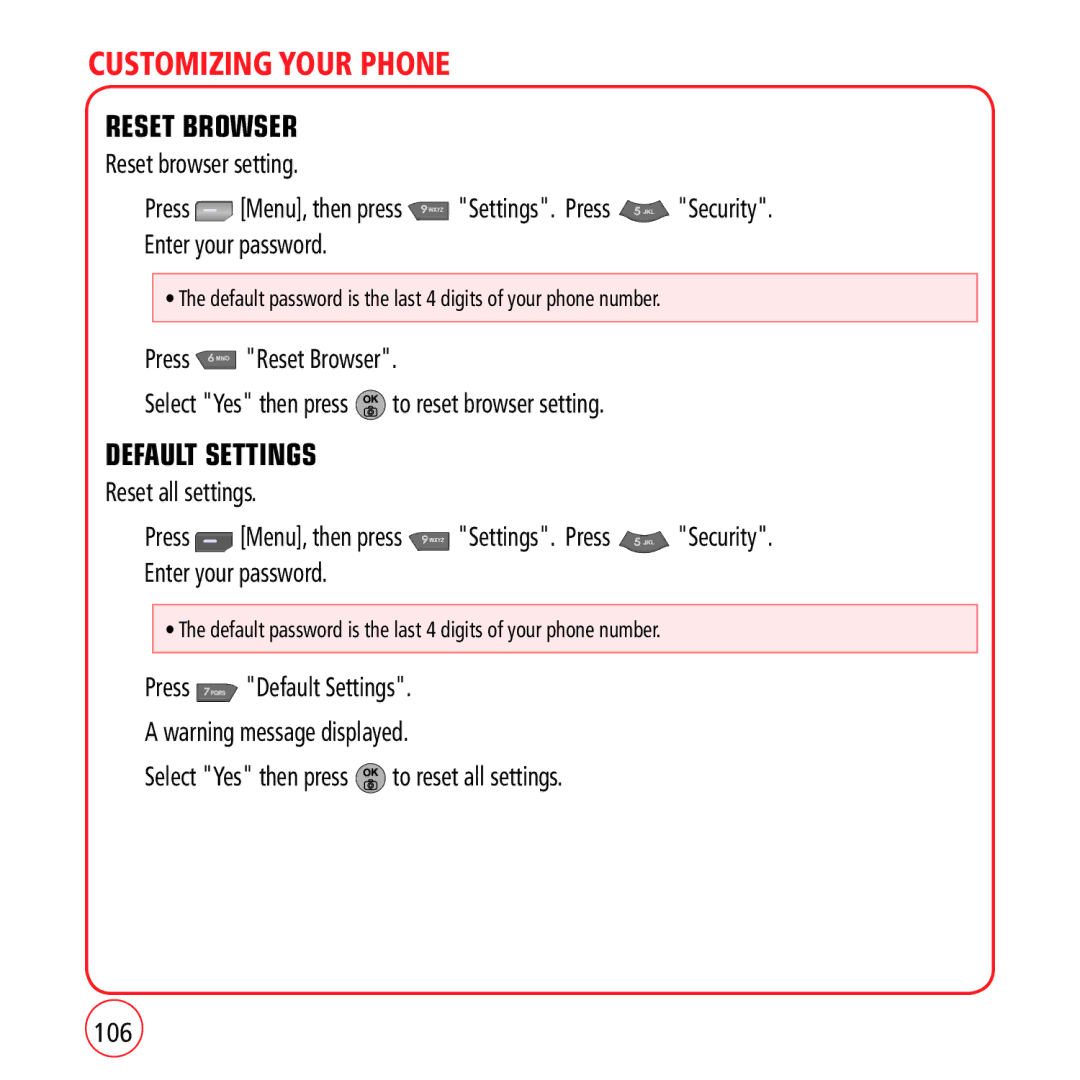 Kyocera VM1450 manual Reset Browser, Default Settings 