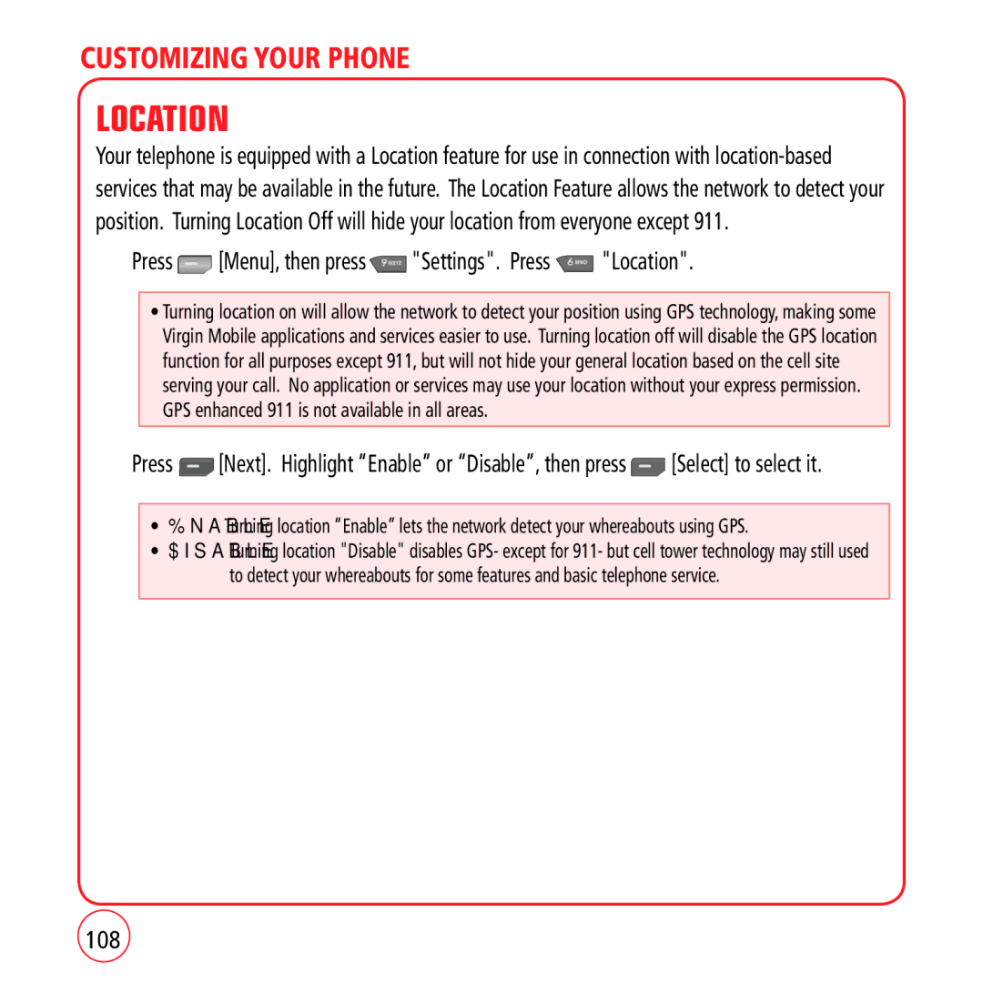 Kyocera VM1450 manual Press Menu, then press Settings. Press Location, 108 