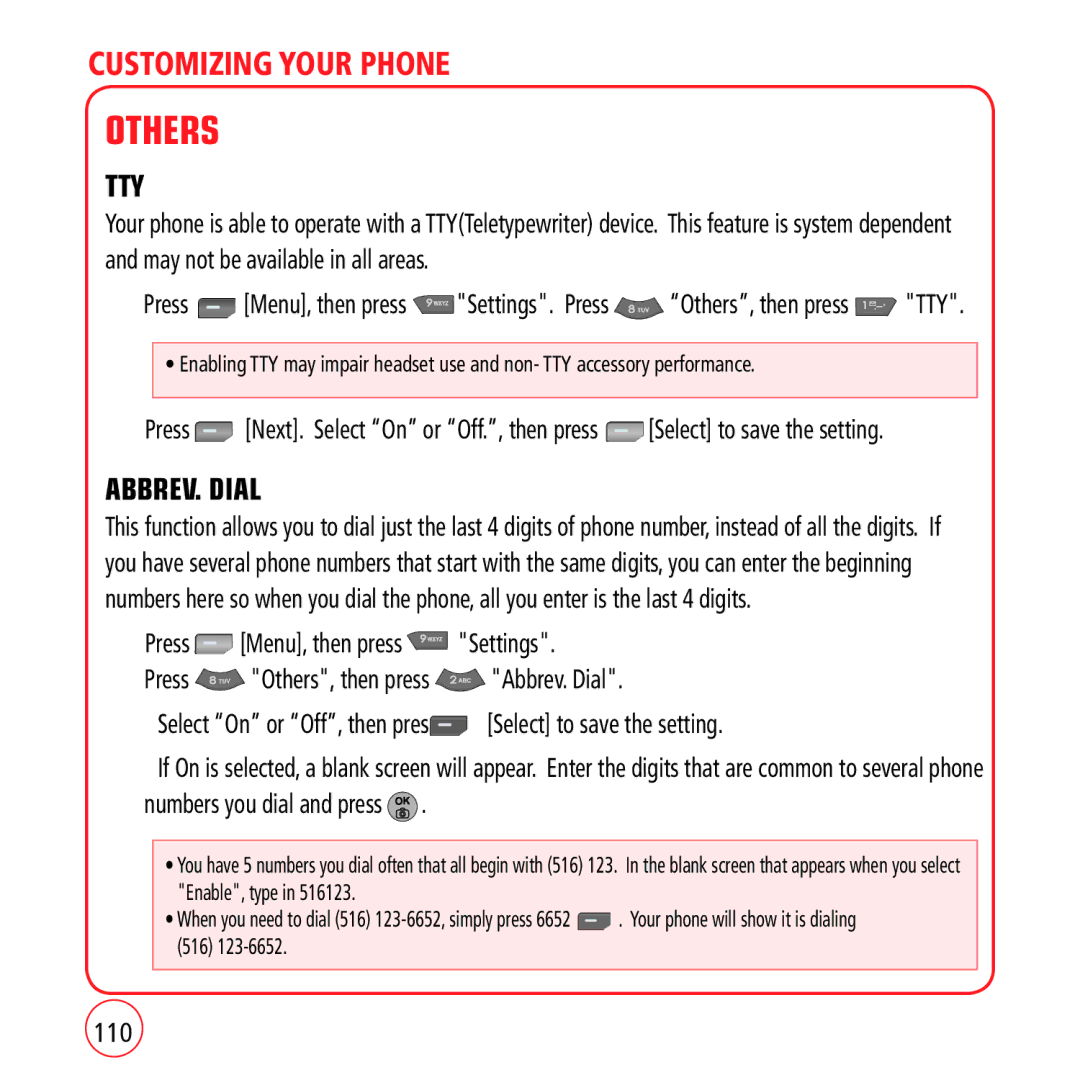 Kyocera VM1450 manual Others, Tty, ABBREV. Dial, 110 