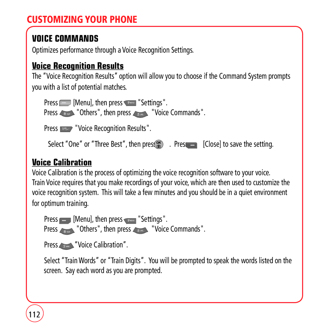Kyocera VM1450 manual Voice Commands, Voice Recognition Results, Voice Calibration, 112 