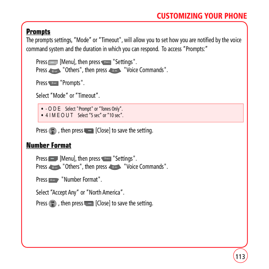 Kyocera VM1450 manual Prompts, Number Format, Press , then press Close to save the setting 