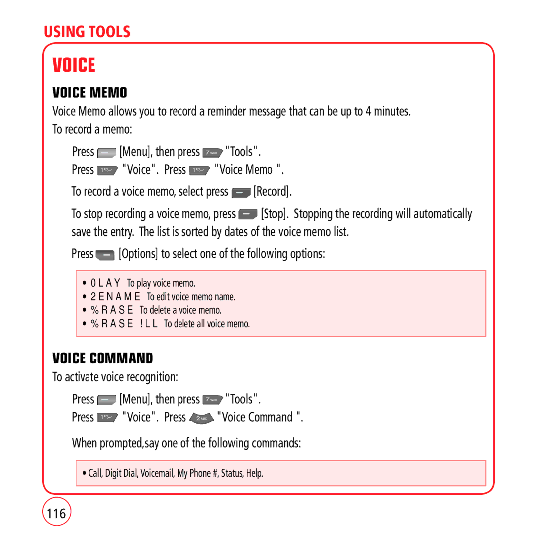 Kyocera VM1450 manual Voice Memo, Voice Command, Press Options to select one of the following options, 116 