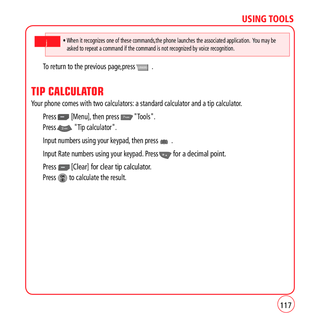 Kyocera VM1450 manual TIP Calculator, To return to the previous page,press, 117 