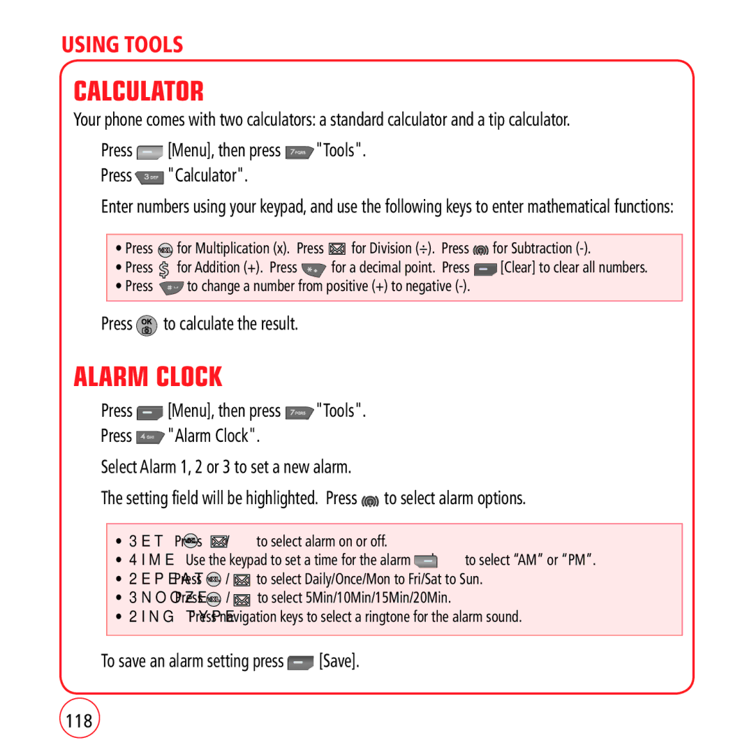 Kyocera VM1450 manual Alarm Clock, Press Menu, then press Tools Press Calculator, Press to calculate the result 