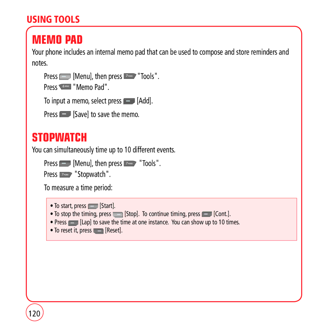 Kyocera VM1450 manual Memo PAD, Stopwatch, 120 